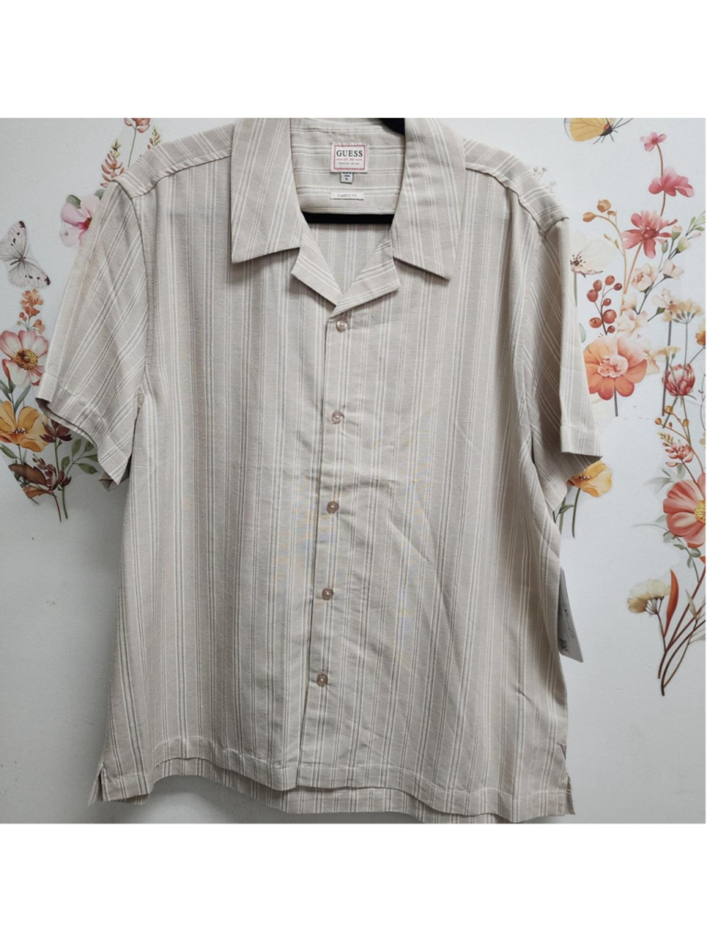 Guess cream & tan vertical striped linen shirt in XL #guess #stripes